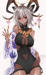 Rule 34 | 1girl, absurdres, animal ears, arknights, black one-piece swimsuit, breasts, carnelian (arknights), carnelian (shimmering dew) (arknights), clothing cutout, commentary request, cowboy shot, dark-skinned female, dark skin, goat ears, goat girl, goat horns, hand up, heart, highres, horn ornament, horns, kaguura (kagu), large breasts, looking at viewer, navel, navel cutout, one-piece swimsuit, simple background, solo, speech bubble, spoken heart, swimsuit, translation request, waving, white background
