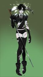 Rule 34 | 1boy, absurdres, androgynous, black eyes, black gloves, black hair, black necktie, boots, commentary, cracked skin, crystal, elbow gloves, english commentary, gem uniform (houseki no kuni), gloves, gradient background, green background, high heel boots, high heels, highres, holding, holding scythe, houseki no kuni, killing stalking, male focus, necktie, parody, scythe, shiny weapon, short shorts, shorts, solo, sparkle, tariah furlow, thighhighs, torn clothes, torn gloves, yoon bum