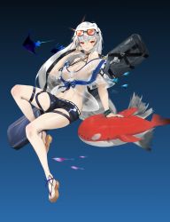Rule 34 | 1girl, absurdres, arknights, arm support, bare shoulders, black shorts, blue bow, blue nails, blue ribbon, bow, bracelet, breasts, brown footwear, chinese commentary, cleavage, closed mouth, commentary request, diffraction spikes, eyewear on head, female focus, fish, full body, halterneck, highres, infection monitor (arknights), jewelry, large breasts, long hair, looking at viewer, midriff, nail polish, official alternate costume, orange-tinted eyewear, red eyes, ribbon, sandals, see-through, see-through shirt, short sleeves, shorts, signature, silver hair, skadi (arknights), skadi (waverider) (arknights), solo, stuffed whale, sunglasses, thigh strap, tinted eyewear, toenail polish, toenails, underwater, very long hair, wanren (whter11), weapon, weapon bag, weapon on back