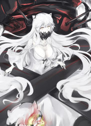 Rule 34 | 10s, 1girl, abyssal ship, black nails, breasts, collarbone, colored skin, covered mouth, dress, fire, frilled sleeves, frills, horns, kantai collection, kz nagomiya, large breasts, long hair, long sleeves, midway princess, nail polish, pale skin, solo, turret, very long hair, white dress, white hair, white skin, yellow eyes