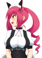 Rule 34 | 1girl, akiha rumiho, animal ears, breasts, cat ears, collarbone, extra ears, faris nyannyan, large breasts, long hair, maid headdress, nase, open mouth, red eyes, red hair, smile, solo, steins;gate, twintails, upper body