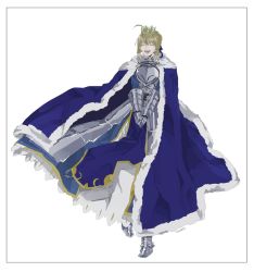 Rule 34 | 1girl, ahoge, armor, armored boots, armored dress, artist request, artoria pendragon (all), artoria pendragon (fate), blonde hair, blue cape, blue dress, blue ribbon, boots, braid, breastplate, cape, closed eyes, crown, dress, facing viewer, fate/stay night, fate (series), full body, fur-trimmed cape, fur trim, gauntlets, hair ornament, hair ribbon, highres, hood, hood down, hooded cape, long dress, long sleeves, medium hair, open mouth, own hands together, ribbon, saber (fate), sidelocks, simple background, smile, solo, source request, white background