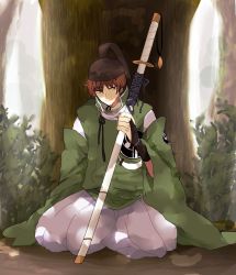 Rule 34 | 10s, 1boy, bridal gauntlets, brown hair, forest, full body, grey eyes, hat, ikseongwan, ishikirimaru, japanese clothes, male focus, nature, ootachi, personification, seiza, shine5s, sitting, smile, solo, sword, touken ranbu, tree, weapon