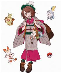 Rule 34 | 1girl, :d, adapted costume, backpack, bag, bob cut, boots, brown bag, brown eyes, brown footwear, brown hair, buttons, cable knit, character doll, commentary request, creatures (company), full body, game freak, gen 8 pokemon, gloria (pokemon), green headwear, green socks, grookey, hakusai (tiahszld), hands up, hat, holding strap, japanese clothes, kimono, looking at viewer, nintendo, open mouth, pink kimono, plaid socks, poke ball symbol, pokemon, pokemon swsh, scorbunny, short hair, simple background, smile, sobble, socks, tam o&#039; shanter, white background