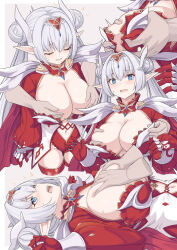 Rule 34 | 1girl, assisted exposure, blue eyes, blush, grabbing another&#039;s breast, breasts, breasts out, britomart (fate), britomart (third ascension) (fate), center opening, cleavage, closed eyes, clothes pull, clothing cutout, disembodied limb, double bun, elf, fate/grand order, fate (series), gauntlets, gloves, grabbing, grabbing from behind, grey hair, hair bun, hair ornament, hairband, highleg, highleg leotard, highres, large breasts, leotard, long hair, long sleeves, lying, multiple views, navel, navel cutout, no bra, on back, open mouth, pointy ears, puffy long sleeves, puffy sleeves, red gloves, red leotard, red thighhighs, shiseki hirame, shrug (clothing), sidelocks, stomach, thighhighs, thighs, twintails, very long hair