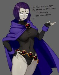 Rule 34 | 1girl, belt, breasts, cape, colored skin, covered navel, cowboy shot, dc comics, demon, flowers-imh, forehead jewel, grey background, grey skin, hand on own hip, highres, leotard, looking at viewer, medium breasts, purple eyes, purple hair, raven (dc), short hair, solo, teen titans, thick thighs, thighs