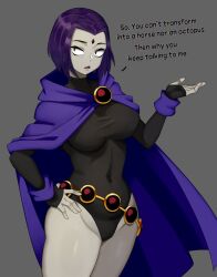 Rule 34 | 1girl, belt, breasts, cape, colored skin, covered navel, cowboy shot, dc comics, demon, flowers-imh, forehead jewel, grey background, grey skin, hand on own hip, highres, leotard, looking at viewer, medium breasts, purple eyes, purple hair, raven (dc), short hair, sleeved leotard, solo, teen titans, thick thighs, thighs