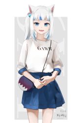 Rule 34 | 1girl, absurdres, alternate costume, animal ears, artist name, bag, blue eyes, blue hair, blue skirt, blunt bangs, carrying bag, casual, cat ears, character name, clothes writing, commentary, english commentary, gawr gura, hair ornament, handbag, highres, hololive, hololive english, looking at viewer, medium hair, multicolored hair, open mouth, own hands together, sharp teeth, side ponytail, skirt, solo, standing, streaked hair, sweater, teeth, virtual youtuber, white hair, white sweater, wusie2