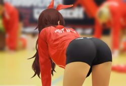 Rule 34 | 1girl, amber (genshin impact), ass, ass focus, bad id, bad twitter id, bent over, bike shorts, black shorts, blouse, blurry, blurry background, brown hair, cowboy shot, depth of field, from behind, genshin impact, hair ribbon, highres, leviathan (hikinito0902), long hair, long sleeves, photo-referenced, photorealistic, realistic, red shirt, ribbon, shirt, short shorts, shorts, sidelocks, solo, standing, thighs