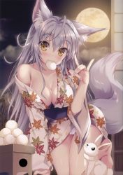 Rule 34 | 1girl, :d, absurdres, animal ear fluff, animal ears, breasts, brown eyes, cleavage, food, food in mouth, fox ears, fox girl, fox shadow puppet, fox tail, full moon, grey hair, hair between eyes, hair over breasts, hand up, haru (tateha), highres, japanese clothes, kimono, kimono pull, large breasts, mochi, moon, no shoes, non-web source, open mouth, panties, photoshop (medium), scan, smile, solo, tail, underwear, white panties, window