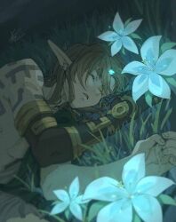 Rule 34 | 1boy, animal ears, archaic set (zelda), brown hair, choumame, closed eyes, glowing flower, link, lying, male focus, night, nintendo, on grass, on ground, on side, open mouth, pointy ears, silent princess, sleeping, solo, the legend of zelda, the legend of zelda: tears of the kingdom