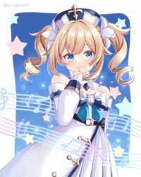 Rule 34 | 1girl, absurdres, barbara (genshin impact), blonde hair, blue eyes, blush, bow, commentary request, cross, detached collar, dress, genshin impact, highres, latin cross, musical note, priestess, shion (tafu), smile, solo, twintails, white dress, white headwear