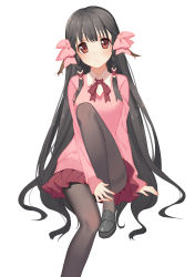 Rule 34 | 1girl, absurdres, animal ears, bad id, bad pixiv id, black hair, black pantyhose, bow, braid, contemporary, hair bow, highres, icarus (artist), invisible chair, leg up, loafers, long hair, looking at viewer, miniskirt, nail polish, pantyhose, pink bow, pink nails, pink sweater, pleated skirt, red skirt, rulutieh, shoes, sitting, skirt, solo, sweater, thighband pantyhose, twin braids, utawarerumono, utawarerumono: itsuwari no kamen, white background