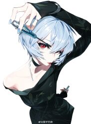 Rule 34 | 1girl, absurdres, arm up, ayanami rei, bare shoulders, black choker, blue nails, choker, dress, from above, green dress, grey hair, hair between eyes, highres, jewelry, leaf print, neon genesis evangelion, parted lips, print dress, red eyes, ring, short hair, sleeves past wrists, solo, tizibade