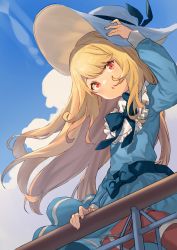Rule 34 | 1girl, :o, blonde hair, blue bow, blue bowtie, blue dress, blue sky, bow, bowtie, cloud, commentary request, day, dress, fingernails, from below, hair blowing, hand on headwear, hand on railing, hat, head tilt, highres, lens flare, lifebuoy, long hair, looking at viewer, looking down, original, outdoors, peroncho, red eyes, sash, sky, solo, standing, swim ring, very long hair, white hat, wind, wind lift
