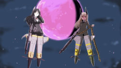 Rule 34 | 2girls, animal ears, black gloves, black hair, black jacket, blonde hair, blunt bangs, brown jacket, commentary, constantia cantacuzino, feathers, flying, full body, gloves, grete m. gollob, gun, highres, holding, holding weapon, jacket, long hair, long sleeves, looking at viewer, luftwaffe, machine gun, mg 34, military, military uniform, moon, multiple girls, night, night sky, pale skin, pantyhose, purple moon, red eyes, red ribbon, ribbon, shirt, sky, star (sky), starry sky, striker unit, tail, uniform, wan&#039;yan aguda, weapon, wehrmacht, white shirt, world witches series, yellow eyes