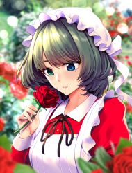 Rule 34 | 10s, 1girl, alternate costume, apron, artist name, black ribbon, blurry, blush, bokeh, bush, buttons, closed mouth, day, depth of field, dress, enmaided, fingernails, flower, frilled hat, frills, green hair, hat, heterochromia, highres, holding, holding flower, idolmaster, idolmaster cinderella girls, infinote, lips, long sleeves, maid, maid apron, mob cap, mole, mole under eye, outdoors, red dress, red flower, red rose, ribbon, rose, rose bush, short hair, sleeve cuffs, smelling, smile, solo, takagaki kaede, thick eyebrows, tsurime, upper body, white apron, white hat
