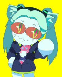 Rule 34 | &lt;|&gt; &lt;|&gt;, 1girl, :3, animal ear fluff, animal ears, aqua hair, black jacket, cat ears, closed mouth, colored sclera, commentary, cowboy shot, cyberpunk (series), cyberpunk edgerunners, hand on own hip, hand up, highres, jacket, long hair, long sleeves, looking at viewer, neco-arc, open clothes, open jacket, parody, polka vodka, rebecca (cyberpunk), red sclera, simple background, smile, solo, style parody, twintails, yellow background
