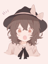 Rule 34 | 1girl, :o, black hat, black ribbon, brown eyes, brown hair, collared shirt, commentary request, hat, hat ribbon, highres, iris-san, looking at viewer, medium hair, neck ribbon, no nose, no sclera, open mouth, pale skin, portrait, ribbon, shirt, simple background, solo, touhou, usami renko, white background, white ribbon, white shirt