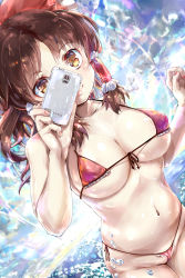 Rule 34 | 1girl, absurdres, bare arms, bare shoulders, bikini, bow, breasts, brown eyes, cellphone, cleavage, cleft of venus, closed mouth, collarbone, day, dutch angle, fingernails, front-tie bikini top, front-tie top, hair bow, hair tubes, hakurei reimu, halterneck, halterneck, highres, kntrs (knyrs), large breasts, lips, long hair, micro bikini, nail polish, navel, ocean, outdoors, phone, red bikini, red bow, red nails, side-tie bikini bottom, smile, solo, stomach, swimsuit, touhou, underboob, water, wedgie