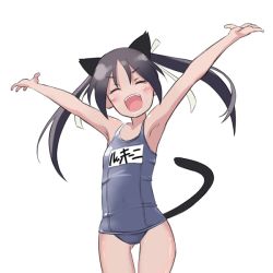Rule 34 | 1girl, animal ears, armpits, arms up, bad id, bad pixiv id, black hair, cat ears, cat tail, closed eyes, fang, flat chest, francesca lucchini, happy, long hair, mofu (mof swimradio), name tag, o/, one-piece swimsuit, outstretched arms, school swimsuit, smile, solo, strike witches, swimsuit, tail, thigh gap, thighs, twintails, world witches series