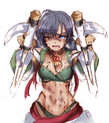 Rule 34 | 1girl, adapted costume, arms up, bare shoulders, bladed tonfa, blood, blue eyes, braid, breasts, bruise, bruise on face, cleavage, detached sleeves, dual wielding, eyebrows hidden by hair, hair between eyes, heavy breathing, highres, holding, injury, jewelry, looking at viewer, low twin braids, midriff, navel, necklace, one eye closed, open mouth, ryona, scar, simple background, small breasts, solo, soul calibur, soulcalibur, soulcalibur ii, suga leon, talim, tears, teeth, tonfa, twin braids, weapon, white background