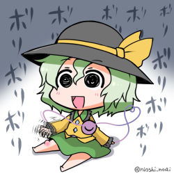 Rule 34 | 1girl, afterimage, bad id, bad pixiv id, bare legs, barefoot, black eyes, black hat, bug bite, chibi, commentary request, eyeball, frilled shirt collar, frilled sleeves, frills, full body, gradient background, green hair, green skirt, hair between eyes, hand rest, hat, hat ribbon, heart, heart of string, komeiji koishi, long sleeves, motion lines, noai nioshi, open mouth, ribbon, shadow, shirt, short hair, sitting, skirt, solo, string, third eye, touhou, trembling, two-tone background, yellow ribbon, yellow shirt