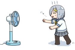 Rule 34 | 1girl, black pantyhose, commentary request, electric fan, closed eyes, full body, grey hair, grey sailor collar, grey skirt, hair ornament, hair over one eye, hairclip, hama! (3toshinhmkz), hamakaze (kancolle), kantai collection, neckerchief, no nose, pantyhose, pleated skirt, sailor collar, school uniform, serafuku, short hair, simple background, skirt, solo, white background, yellow neckerchief