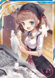 Rule 34 | 1girl, :d, akkijin, blue eyes, breasts, brown hair, card (medium), plate, dishwashing, dress, foam, indoors, kitchen, looking at viewer, official art, open mouth, shikigami, shinkai no valkyrie, short hair, small breasts, smile
