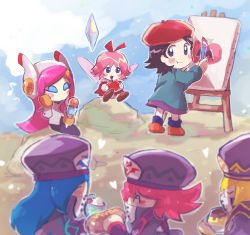 Rule 34 | 6+girls, adeleine, apple, beret, black hair, blonde hair, blue hair, blurry, blush stickers, canvas (object), chiimako, closed eyes, crystal, depth of field, eating, fairy wings, flamberge (kirby), food, francisca (kirby), fruit, hat, hot dog, ice cream, kirby: planet robobot, kirby: star allies, kirby (series), long hair, maxim tomato, medium hair, multiple girls, nintendo, painting (action), parfait, pink hair, pudding, rayman limbs, red hair, ribbon (kirby), sitting, standing, susie (kirby), wings, zan partizanne