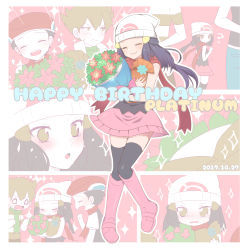 Rule 34 | 1girl, 2boys, ?, beanie, blue hair, blush, boots, bouquet, breasts, character name, closed mouth, creatures (company), dated, lucas (pokemon), dress, closed eyes, flower, game freak, hair ornament, happy birthday, hat, highres, holding, holding bouquet, long hair, mokorei, multiple boys, nintendo, open mouth, barry (pokemon), pink footwear, dawn (pokemon), pokemon, pokemon adventures, scarf, skirt, smile, sparkle, thighhighs