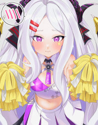Rule 34 | 1girl, absurdres, ahoge, alternate costume, blue archive, blush, breasts, character name, cleavage, commentary request, criss-cross halter, demon girl, demon horns, demon wings, detached collar, forehead, hair ornament, hair ribbon, hairclip, halo, halterneck, highres, hina (blue archive), holding, holding pom poms, horns, karaage (xxxmido02), long hair, looking at viewer, medium breasts, millennium cheerleader outfit (blue archive), navel, parted bangs, pleated skirt, pom pom (cheerleading), pom poms, ponytail, purple eyes, ribbon, sidelocks, simple background, skirt, sleeveless, small breasts, solo, spoken blush, stomach, two-tone skirt, wavy hair, white background, white hair, white skirt, wings