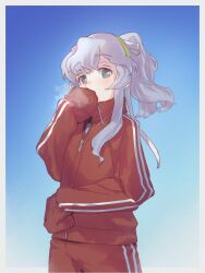 Rule 34 | 1girl, alternate costume, blue sky, breath, day, grey eyes, gym uniform, highres, jacket, kantai collection, long hair, long sleeves, outdoors, pants, ponytail, red jacket, sky, sleeves past wrists, solo, track jacket, track pants, track suit, wavy hair, yamagumo (kancolle), yano shirou