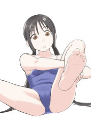 Rule 34 | 10s, 1girl, asobi asobase, bad id, bad pixiv id, barefoot, black hair, blue one-piece swimsuit, breasts, brown eyes, foreshortening, hair between eyes, head tilt, highres, honda hanako, long hair, one-piece swimsuit, one-piece tan, open mouth, parted bangs, school swimsuit, sherpa, simple background, sitting, small breasts, soles, solo, spread legs, swimsuit, tan, tanline, thighs, toes, twintails, very long hair, white background, wide-eyed