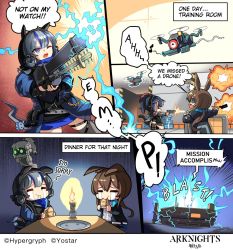 Rule 34 | 3girls, amiya (arknights), animal ears, arknights, bread, candle, cat ears, cat tail, crying, drone, eating, electricity, english text, food, glaucus (arknights), goggles, gun, hair between eyes, handgun, headphones, hm (hmongt), jessica (arknights), multiple girls, night-vision device, night vision, pantyhose, rabbit ears, sitting, speech bubble, tail, weapon