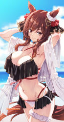 1girl animal_ears bare_shoulders beach bikini black_bikini breasts brown_hair cleavage collarbone day ear_ornament gentildonna_(umamusume) hair_between_eyes hair_ornament highres horse_ears horse_girl horse_tail izumi_mahiru large_breasts looking_at_viewer navel ocean outdoors red_eyes smile solo stomach swimsuit tail umamusume