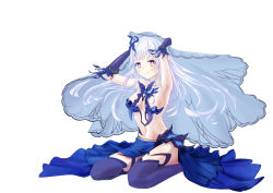 Rule 34 | 1girl, absurdres, armpits, arms up, bare shoulders, black legwear, blue bow, blue dress, blue eyes, blush, bow, breasts, cleavage, date a live, dress, elbow gloves, expressionless, full body, gloves, hair bow, highres, long hair, looking at viewer, medium breasts, midriff, navel, seiza, sfjt2235, silver hair, simple background, sitting, solo, tobiichi origami, veil lift, very long hair, white background