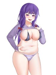 Rule 34 | 1girl, :d, absurdres, belly, belly grab, bikini, blunt bangs, blush, bow, breasts, cameltoe, clothes lift, commentary request, covered erect nipples, hair ribbon, half-closed eyes, highres, koneko idk, large breasts, long hair, looking at viewer, navel, no headwear, open mouth, patchouli knowledge, plump, purple eyes, purple hair, red bow, ribbon, sleeves past wrists, smile, solo, striped bikini, striped clothes, sweater, sweater lift, swimsuit, touhou, tress ribbon, very long hair, wavy mouth, white background
