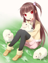 Rule 34 | 1girl, brown hair, long hair, original, red eyes, sakura yuuya, sheep, sitting, solo, thighhighs