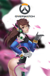 Rule 34 | 1girl, absurdres, armor, ass, ass cutout, bodysuit, boots, breasts, brown eyes, brown hair, clothing cutout, cowboy shot, d.va (overwatch), emblem, facepaint, facial mark, gloves, headphones, highres, leone33, lipgloss, lipstick, logo, long hair, looking at viewer, makeup, medium breasts, overwatch, overwatch 1, parted lips, petals, pilot suit, revealing clothes, skin tight, smile, solo, swept bangs, whisker markings, white gloves