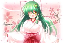 Rule 34 | 1girl, alternate costume, breasts, cherry blossoms, frog hair ornament, green hair, hair ornament, hair ribbon, hair tubes, japanese clothes, kochiya sanae, large breasts, looking at viewer, miko, one eye closed, open mouth, osashin (osada), outstretched arm, ribbon, skirt, smile, snake hair ornament, solo, touhou, upper body, wide sleeves, yellow eyes