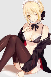 Rule 34 | 1girl, absurdres, aikoo, apron, artoria pendragon (all), artoria pendragon (alter swimsuit rider) (fate), artoria pendragon (alter swimsuit rider) (second ascension) (fate), artoria pendragon (fate), bikini, black bikini, black thighhighs, blonde hair, fate/grand order, fate (series), highres, looking at viewer, maid headdress, navel, one eye closed, saber alter, sitting, solo, swimsuit, thighhighs, yellow eyes