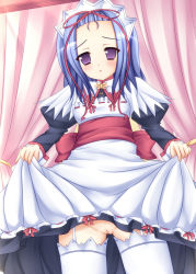 Rule 34 | 1girl, blue hair, blush, clothes lift, looking at viewer, maid, maid headdress, mikan (5555), purple eyes, pussy, skirt, skirt lift, solo, thighhighs, uncensored