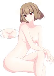 Rule 34 | 1girl, breasts, brown hair, completely nude, crossed arms, crossed legs, kurihara yuki, mazzuye, mazzuye, momokuri, nipples, nude, pussy, sitting, white background