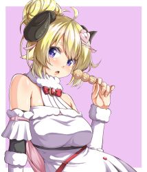 Rule 34 | 1girl, ahoge, alternate hairstyle, animal ears, blonde hair, bow, bowtie, breasts, brooch, commentary, dango, detached sleeves, dress, eating, food, fur-trimmed dress, fur-trimmed sleeves, fur trim, hair bun, hair ornament, hair ribbon, hairclip, haruka kuromiya, highres, hololive, horns, jewelry, large breasts, looking at viewer, making-of available, open mouth, pink background, pink ribbon, purple eyes, red bow, red bowtie, ribbon, sheep ears, sheep horns, short hair, simple background, single hair bun, sitting, solo, tsunomaki watame, tsunomaki watame (1st costume), upper body, virtual youtuber, wagashi, white dress, wool