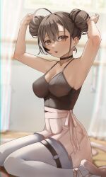 Rule 34 | 1girl, absurdres, ahoge, archinoer, armpits, ballet, black choker, blush, breasts, brown eyes, brown hair, choker, cleavage, crossed bangs, double bun, hair between eyes, hair bun, highres, hololive, hololive english, jewelry, large breasts, long hair, looking at viewer, multicolored hair, nanashi mumei, necklace, open mouth, pantyhose, sitting, streaked hair, virtual youtuber, wariza, white hair, white pantyhose