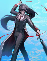 Rule 34 | 1boy, black coat, black eyes, black hair, black vest, blue eyes, closed mouth, coat, collared shirt, full body, guan dao, heterochromia, high ponytail, highres, holding, holding polearm, holding weapon, hong lu (project moon), limbus company, long hair, long sleeves, male focus, mncpa, pants, polearm, project moon, shirt, sidelocks, smile, solo, very long hair, vest, water, weapon, white shirt