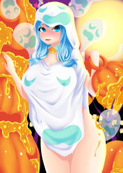 Rule 34 | 1girl, absurdres, blue eyes, blue hair, blush, breasts, female focus, ghost, haarmades, halloween, highres, honey, large breasts, long hair, looking at viewer, matching hair/eyes, open mouth, original, pumpkin, smile, solo, standing, star-shaped pupils, star (symbol), symbol-shaped pupils