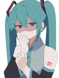 Rule 34 | 1girl, @ @, bentou (bentou 1), blue hair, collared shirt, commentary request, covering own mouth, detached sleeves, hair ornament, hand up, hatsune miku, highres, long hair, long sleeves, looking at viewer, necktie, shaded face, shirt, sleeveless, sleeveless shirt, solo, sweat, twintails, upper body, vocaloid