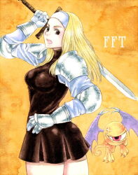 Rule 34 | 1girl, ahriman, armor, armored boots, ass, blonde hair, boots, breasts, brown dress, brown eyes, claws, copyright name, cowboy shot, dress, final fantasy, final fantasy tactics, gauntlets, headband, holding, holding sword, holding weapon, kikimimi 612, knee pads, long hair, long sleeves, looking at viewer, medium breasts, miniskirt, monster, nose, open mouth, purple wings, red eyes, simple background, skirt, squire (fft), sword, upper body, weapon, wings, yellow background